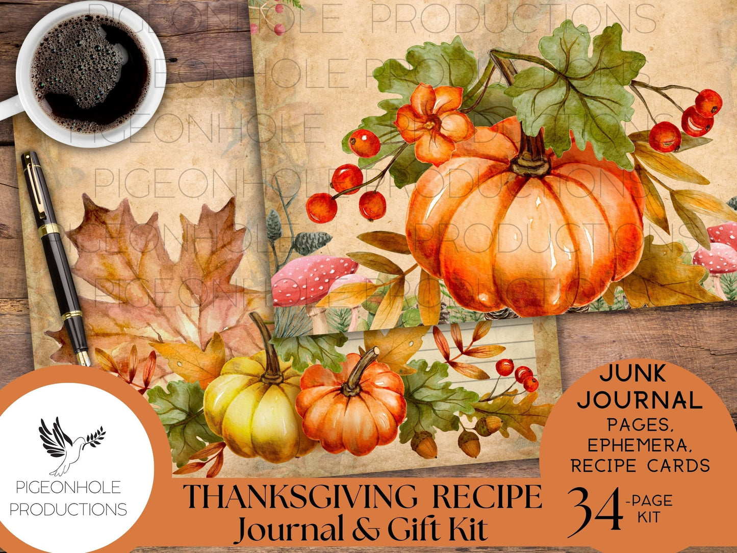 Thanksgiving Recipe Journal & Gift Kit, PRINTABLE, 34 sheets, with recipe cards, gift envelope—everything needed to make a journal or gift!