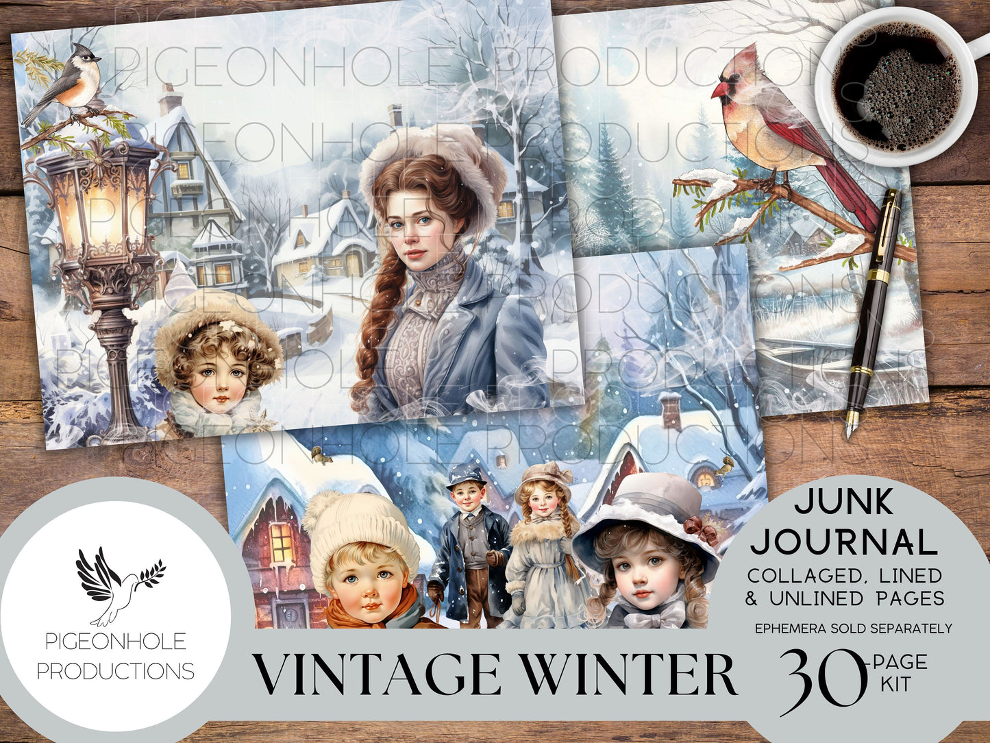 Vintage Winter Junk Journal Pages, PRINTABLE, 32 collaged, lined & unlined journal papers in frosty blue winter scenes, vintage style images