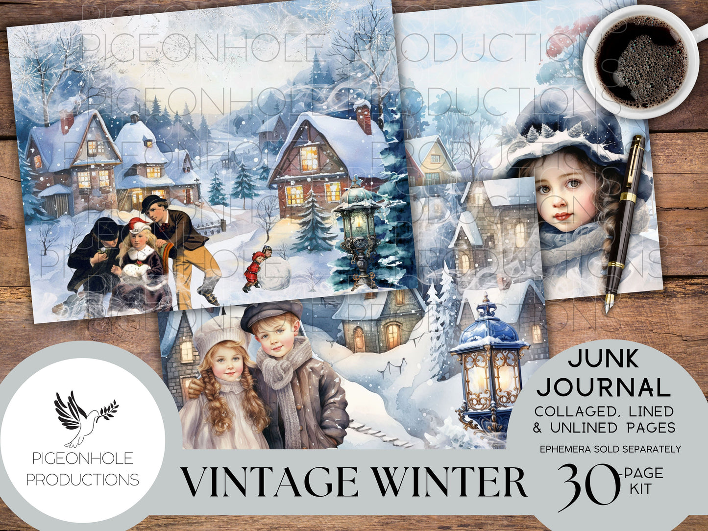Vintage Winter Junk Journal Pages, PRINTABLE, 32 collaged, lined & unlined journal papers in frosty blue winter scenes, vintage style images
