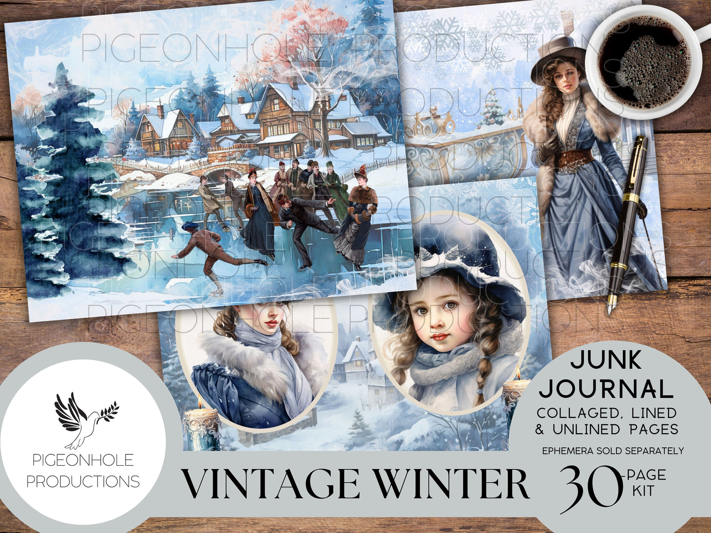Vintage Winter Junk Journal Pages, PRINTABLE, 32 collaged, lined & unlined journal papers in frosty blue winter scenes, vintage style images