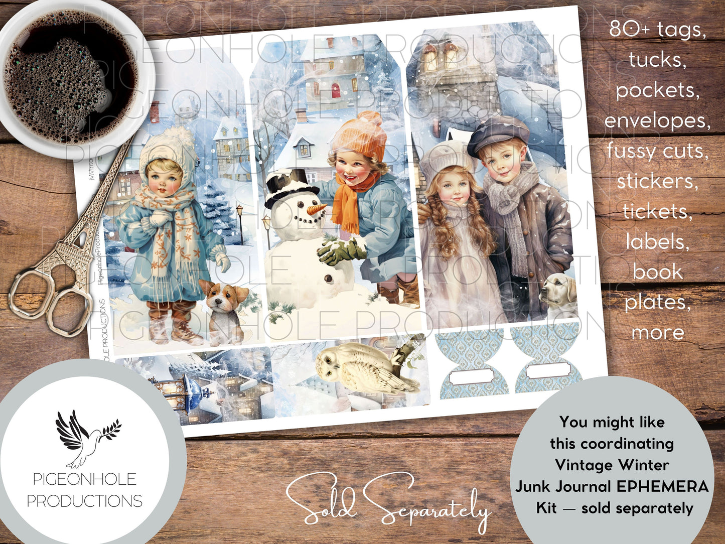 Vintage Winter Junk Journal Pages, PRINTABLE, 32 collaged, lined & unlined journal papers in frosty blue winter scenes, vintage style images