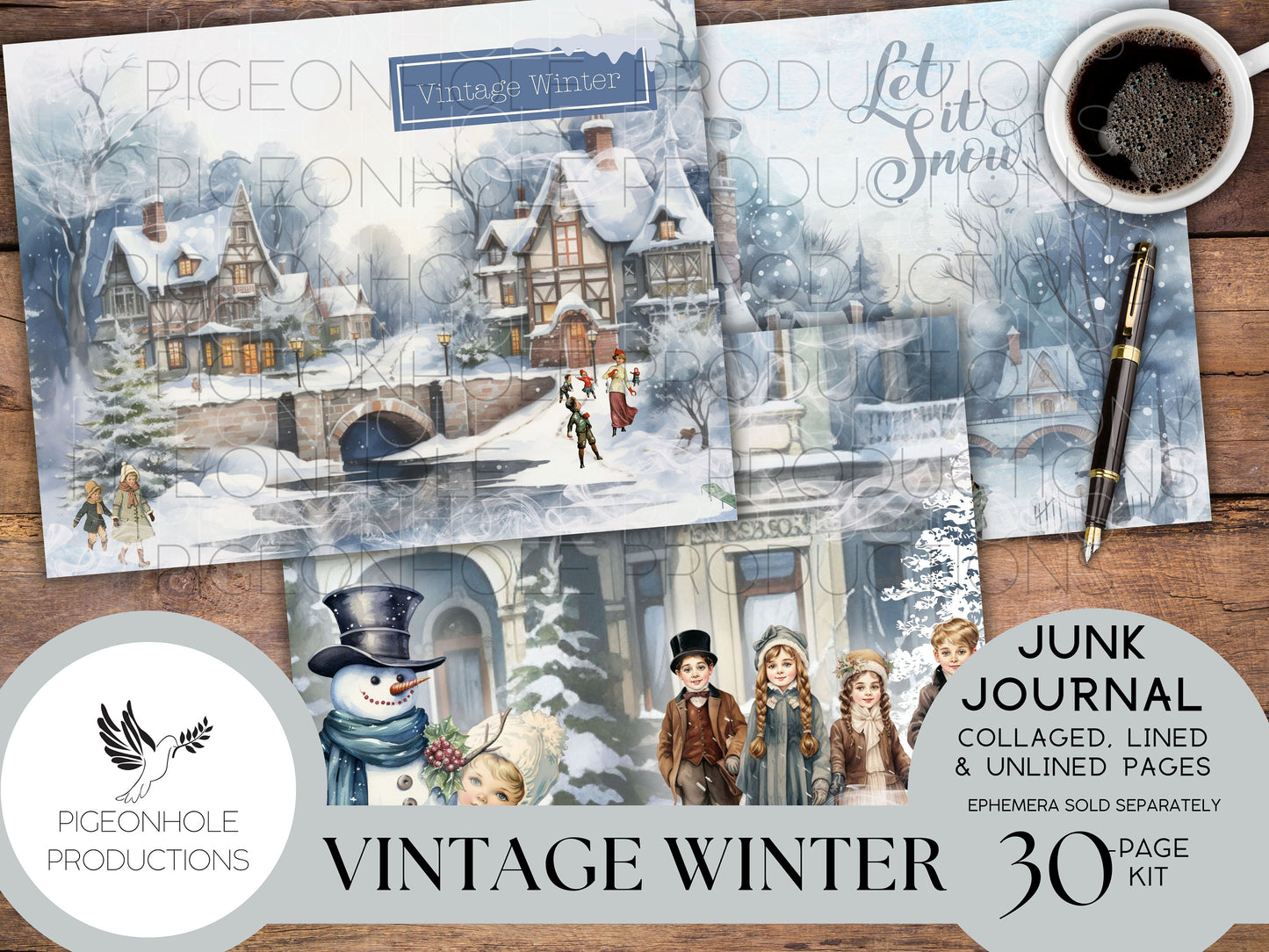 Vintage Winter Junk Journal Pages, PRINTABLE, 32 collaged, lined & unlined journal papers in frosty blue winter scenes, vintage style images