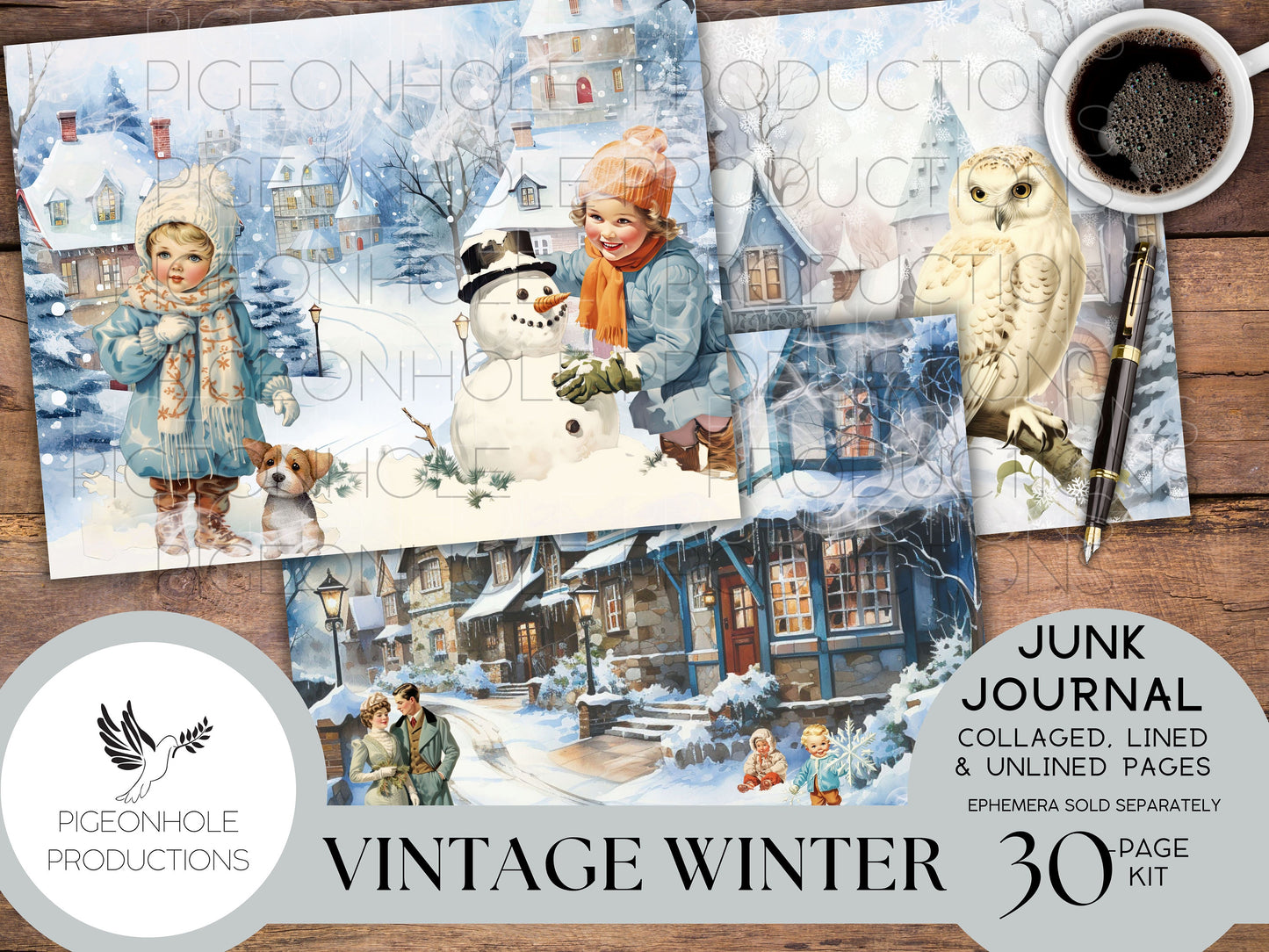 Vintage Winter Junk Journal Pages, PRINTABLE, 32 collaged, lined & unlined journal papers in frosty blue winter scenes, vintage style images