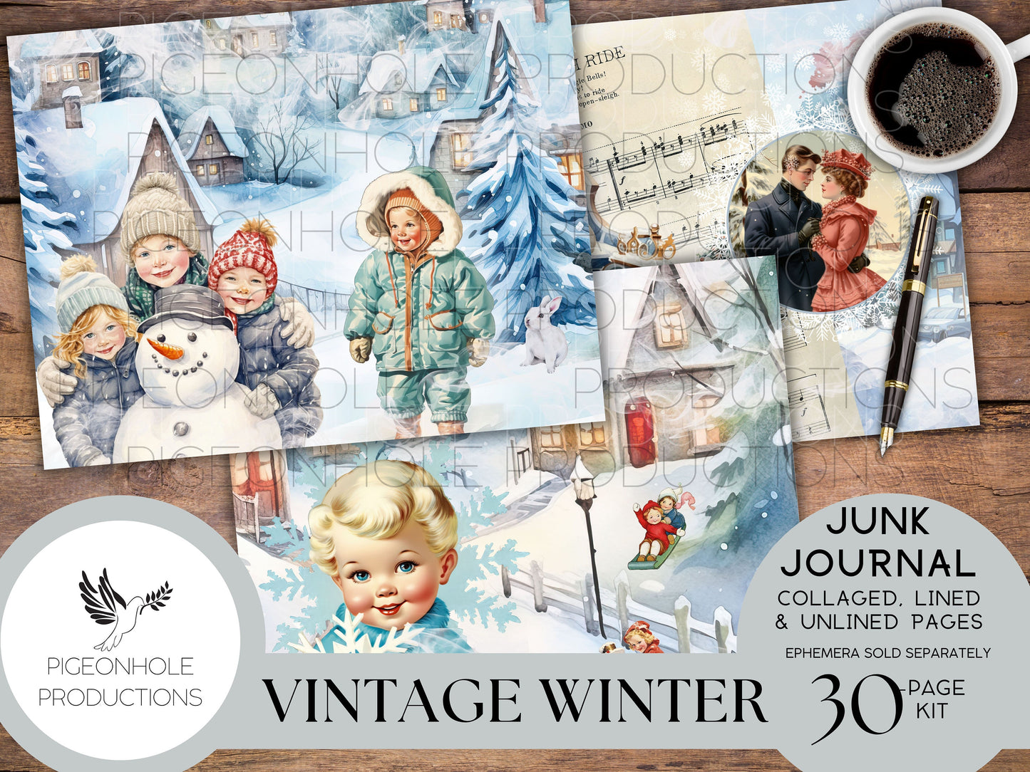 Vintage Winter Junk Journal Pages, PRINTABLE, 32 collaged, lined & unlined journal papers in frosty blue winter scenes, vintage style images