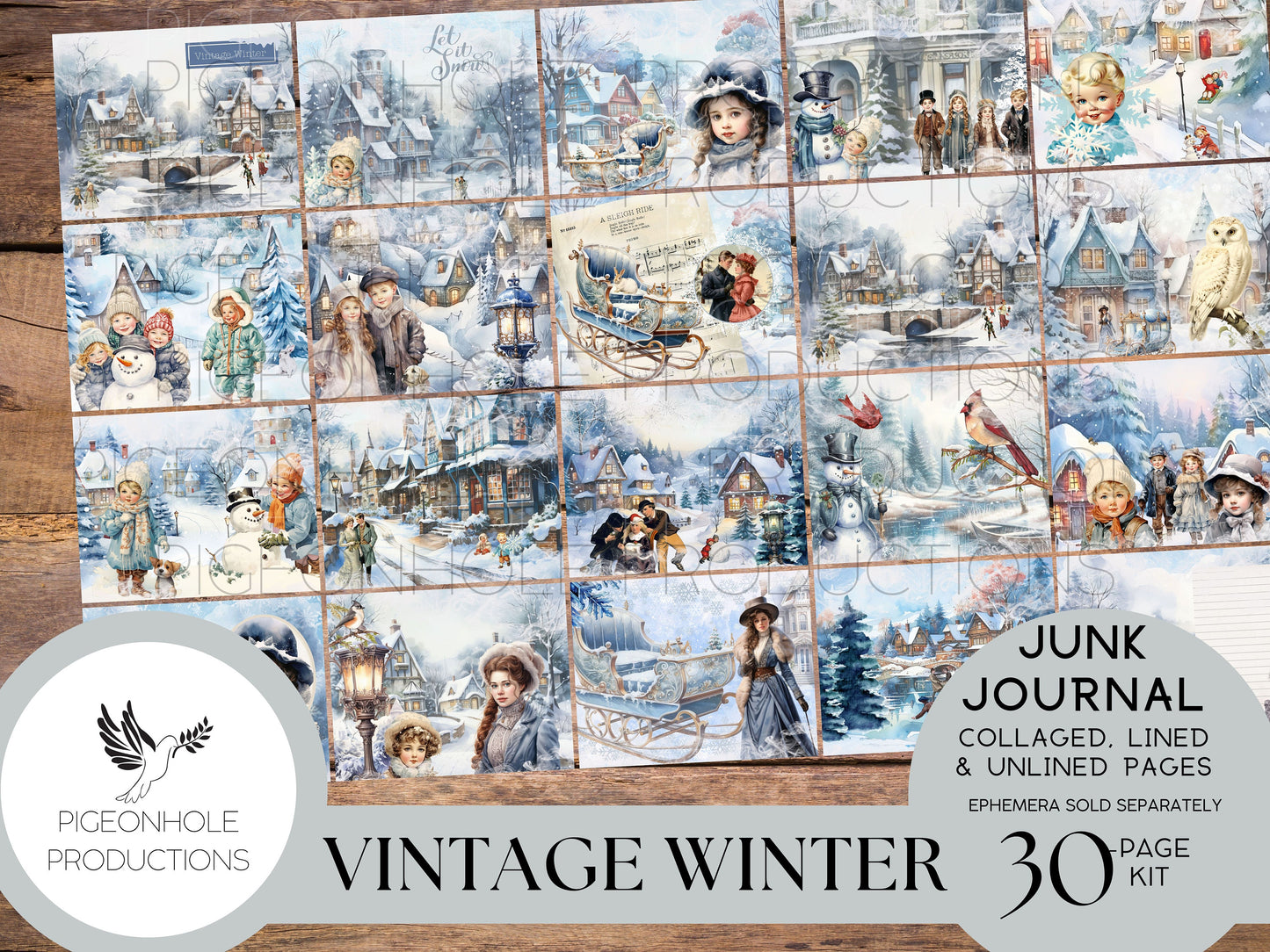 Vintage Winter Junk Journal Pages, PRINTABLE, 32 collaged, lined & unlined journal papers in frosty blue winter scenes, vintage style images