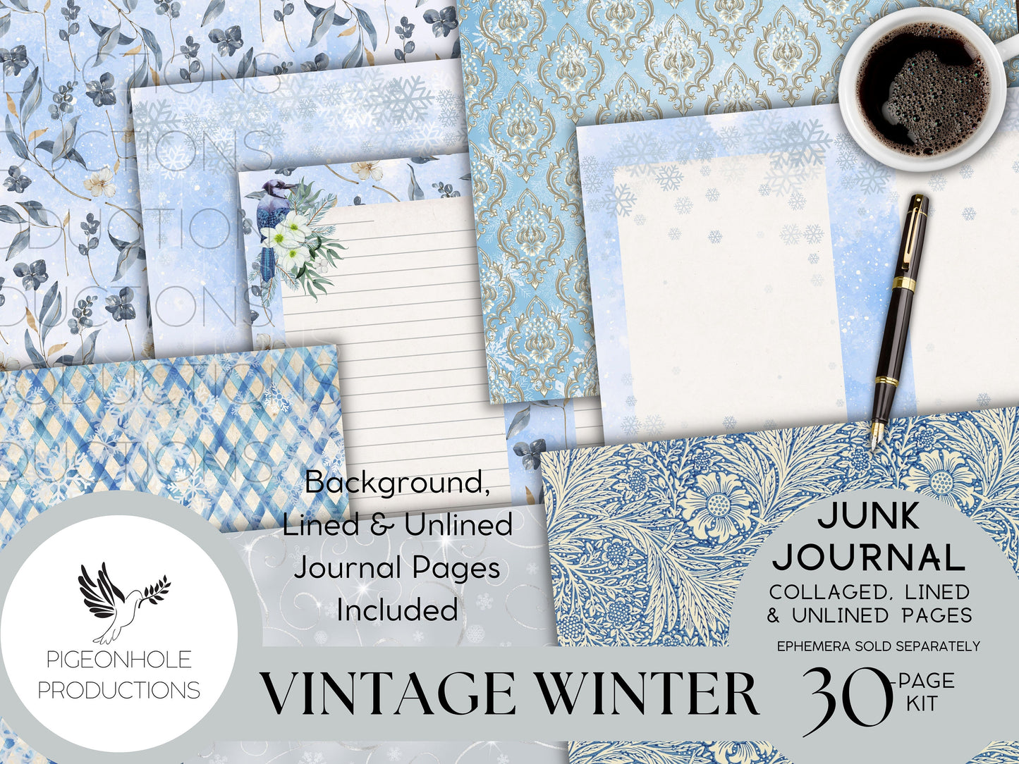 Vintage Winter Junk Journal Pages, PRINTABLE, 32 collaged, lined & unlined journal papers in frosty blue winter scenes, vintage style images