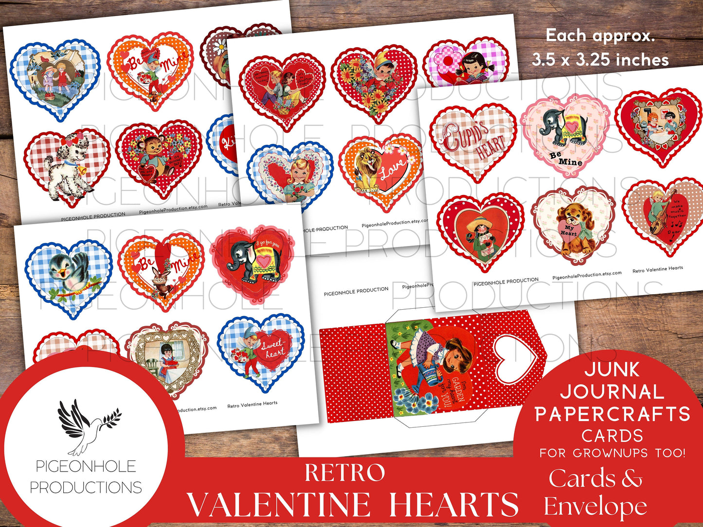 Retro Valentine Heart Cards, PRINTABLE, 24 cards, approx. 3.5 x 3.25 inches, envelope included, for junk journals, papercrafts, card making