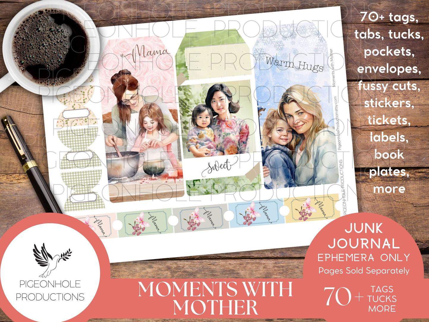 Moments With Mother Junk Journal EPHEMERA, PRINTABLE, 70+ tags, tucks, pockets, envelopes, fussy cuts, stickers, tickets, labels, more!