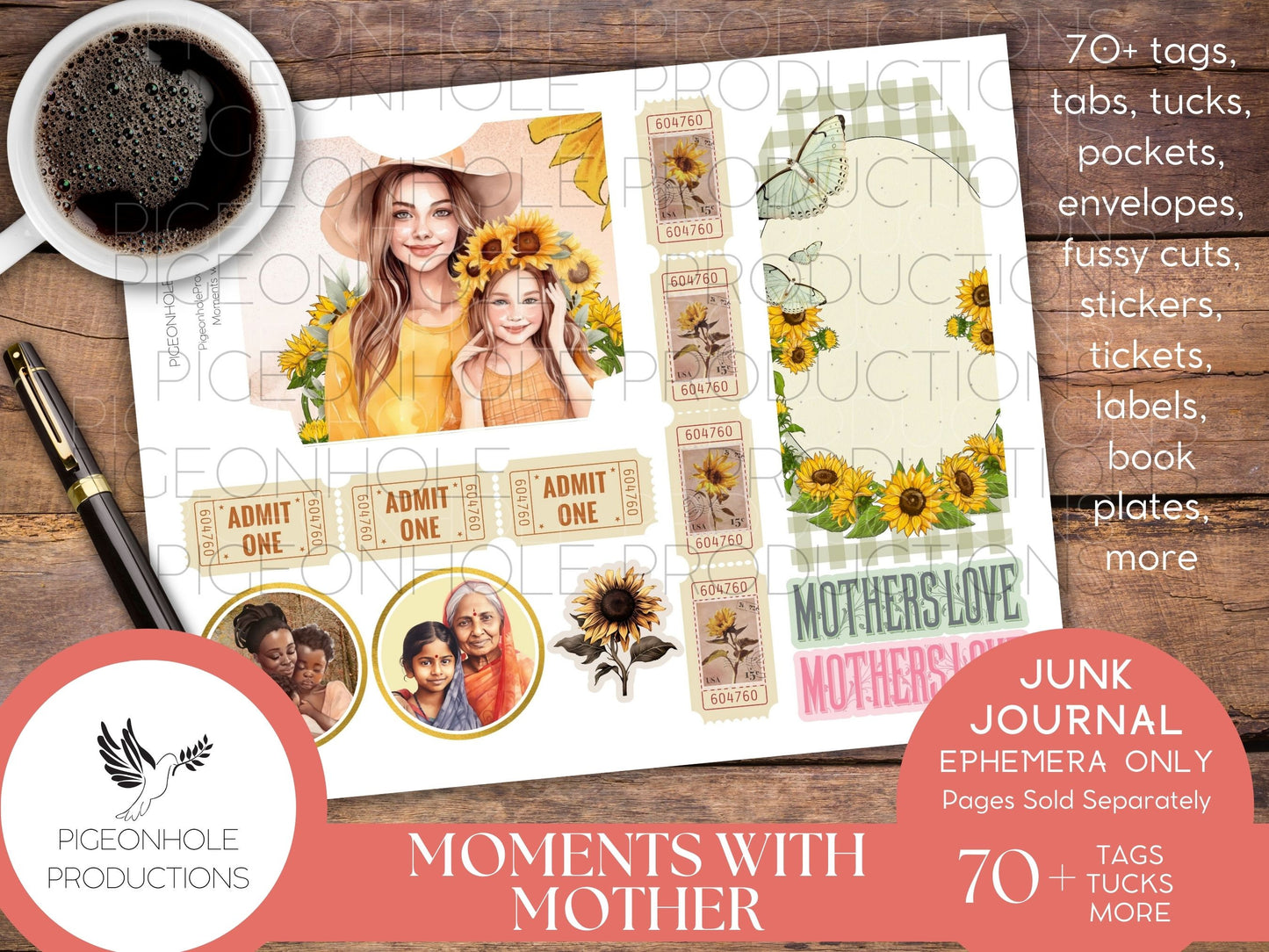 Moments With Mother Junk Journal EPHEMERA, PRINTABLE, 70+ tags, tucks, pockets, envelopes, fussy cuts, stickers, tickets, labels, more!