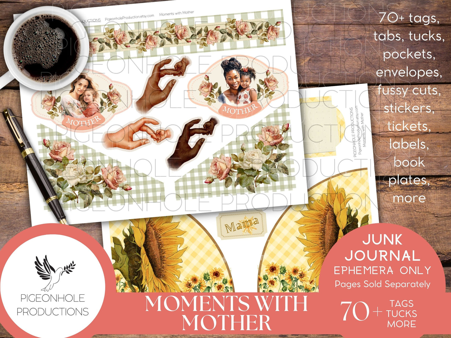 Moments With Mother Junk Journal EPHEMERA, PRINTABLE, 70+ tags, tucks, pockets, envelopes, fussy cuts, stickers, tickets, labels, more!