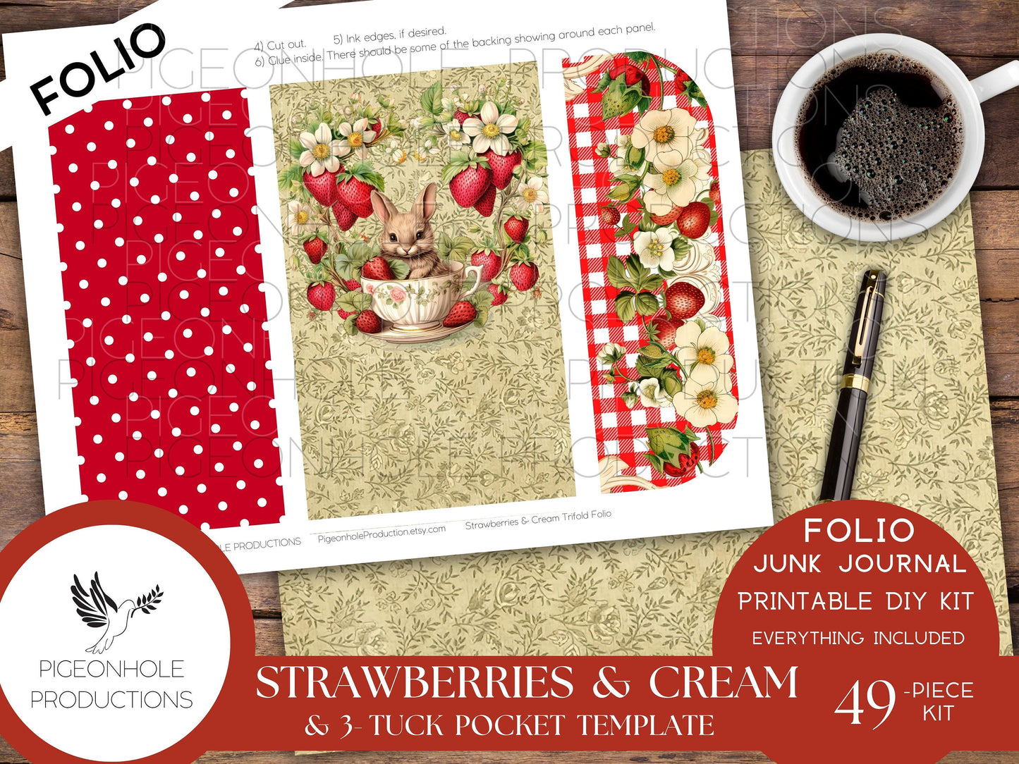 Strawberries & Cream Junk Journal Tri-Fold EPHEMERA FOLIO, PRINTABLE, 46 pieces, instructions/inspo, Bonus 3-Tuck Accordion Pocket Template