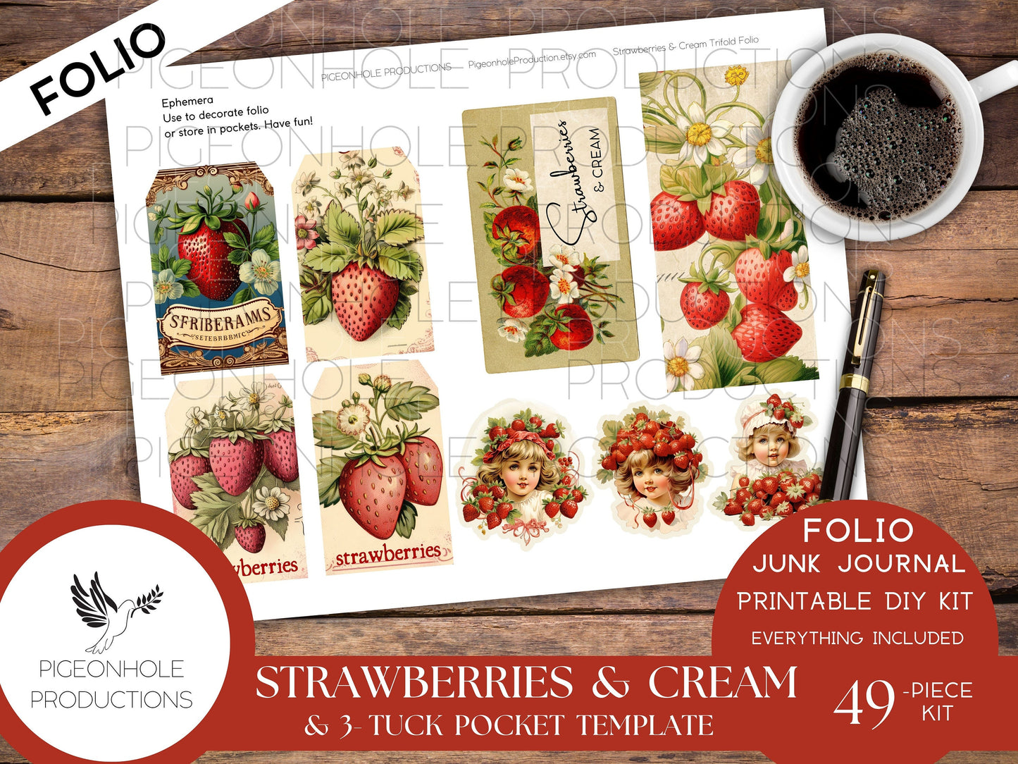 Strawberries & Cream Junk Journal Tri-Fold EPHEMERA FOLIO, PRINTABLE, 46 pieces, instructions/inspo, Bonus 3-Tuck Accordion Pocket Template