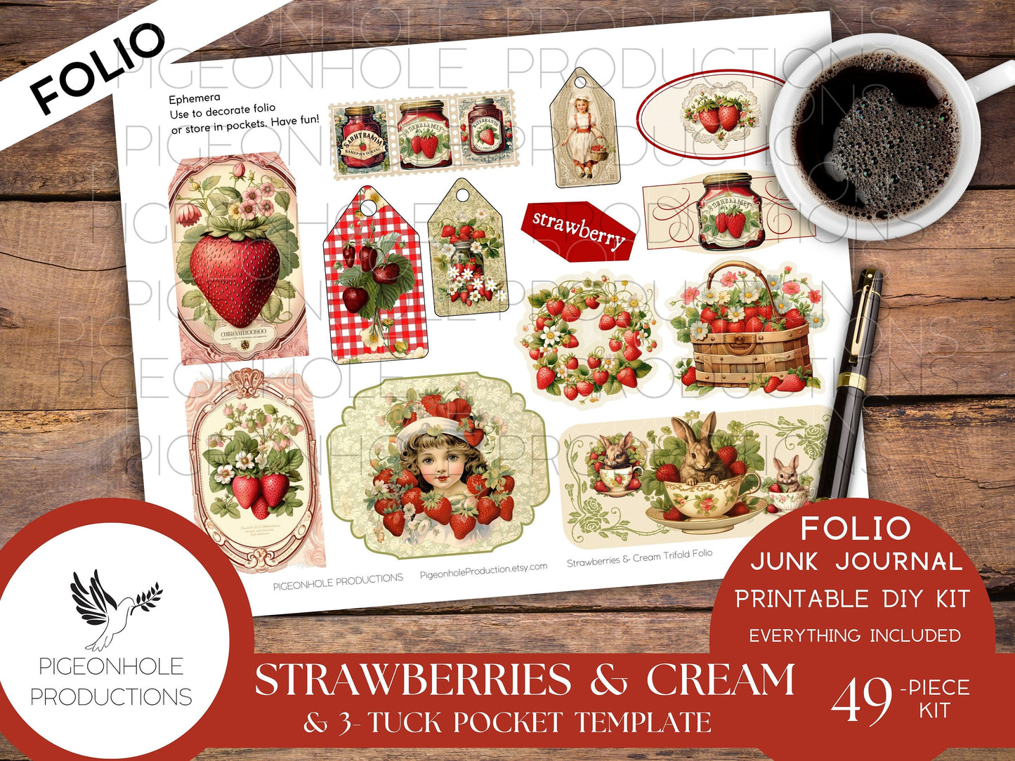Strawberries & Cream Junk Journal Tri-Fold EPHEMERA FOLIO, PRINTABLE, 46 pieces, instructions/inspo, Bonus 3-Tuck Accordion Pocket Template