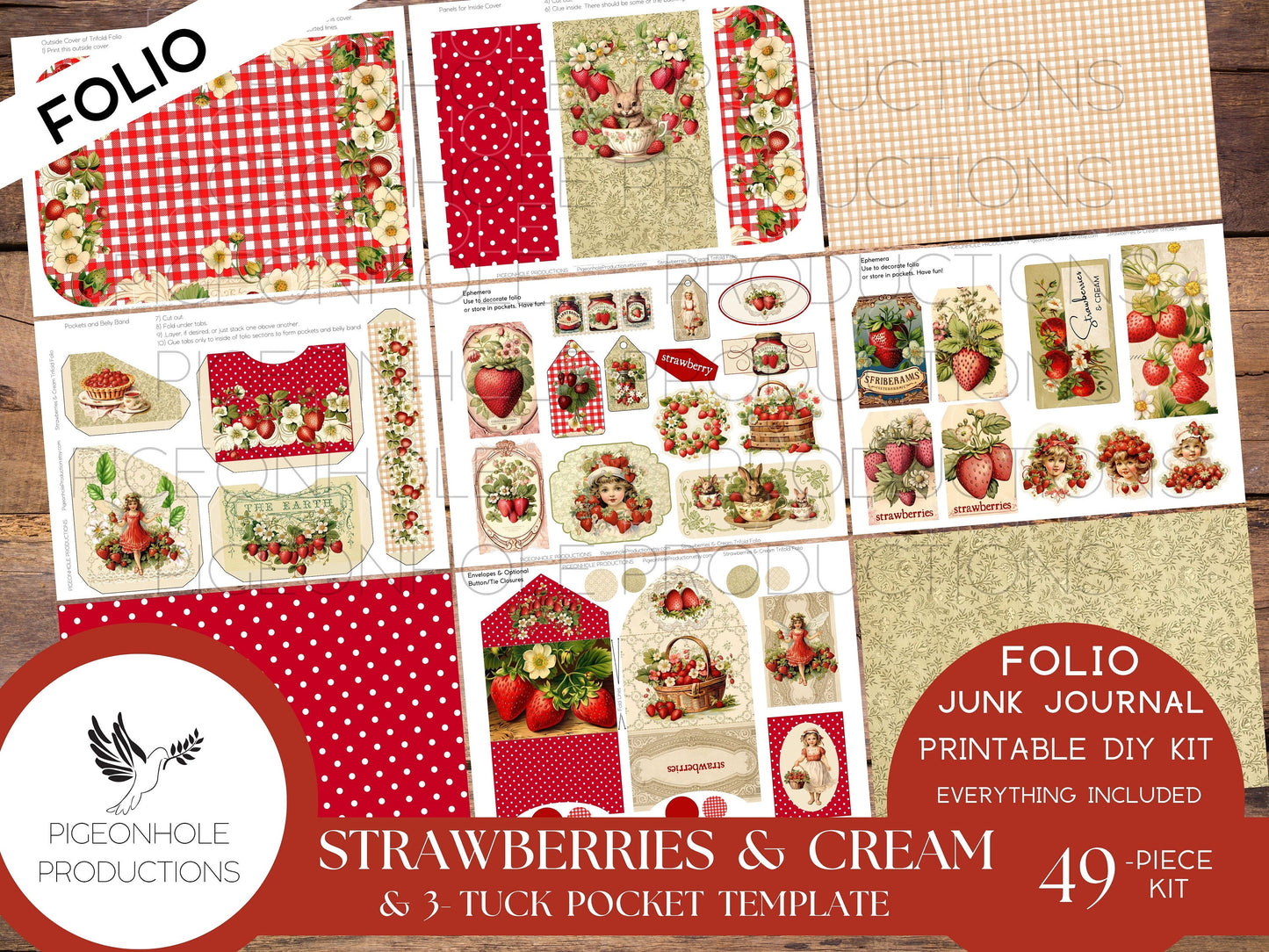 Strawberries & Cream Junk Journal Tri-Fold EPHEMERA FOLIO, PRINTABLE, 46 pieces, instructions/inspo, Bonus 3-Tuck Accordion Pocket Template