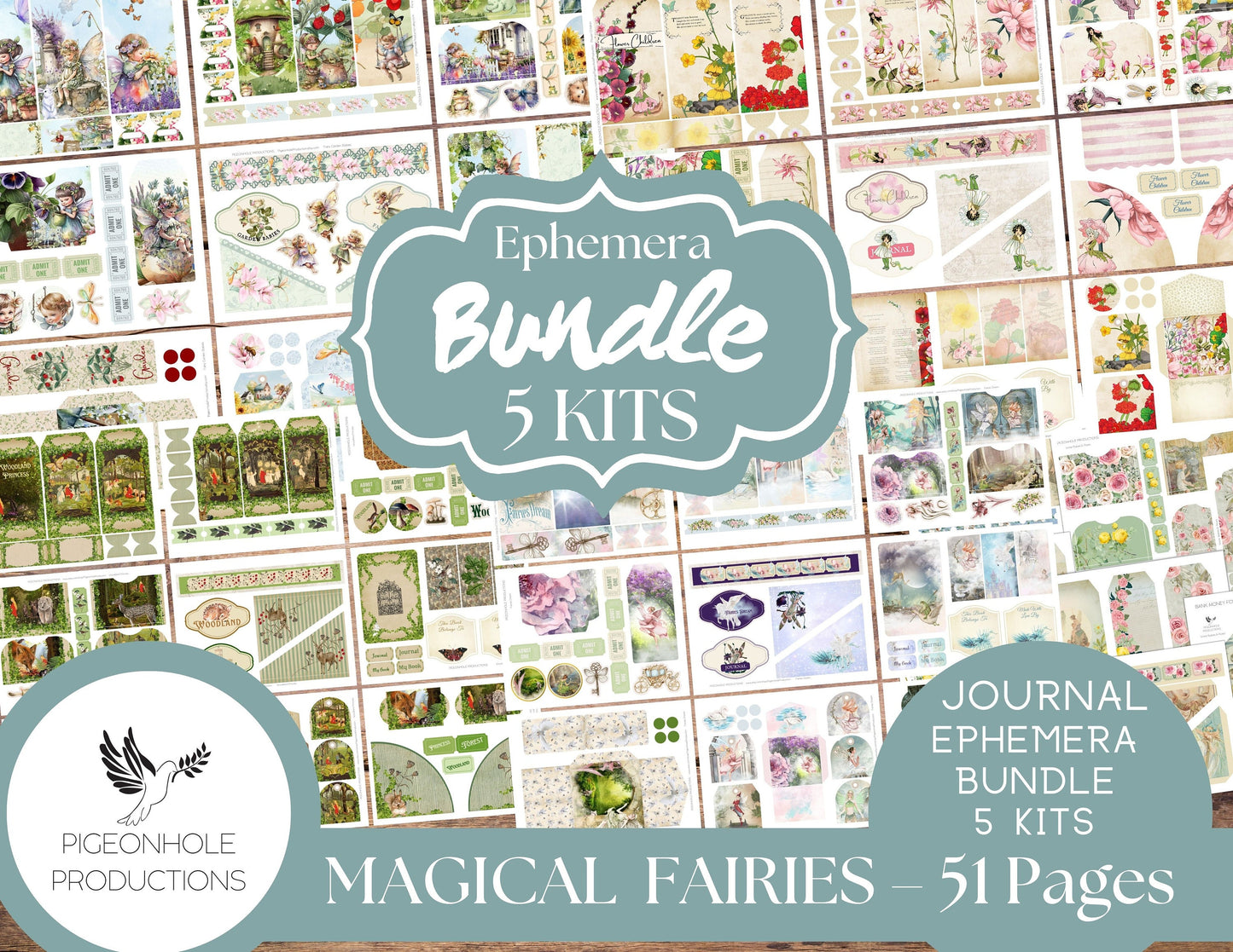 Magical Fairies Junk Journal Ephemera BUNDLE, includes 5 kits of tags, tucks, pockets, labels, fussy cuts, envelopes, papers, more!