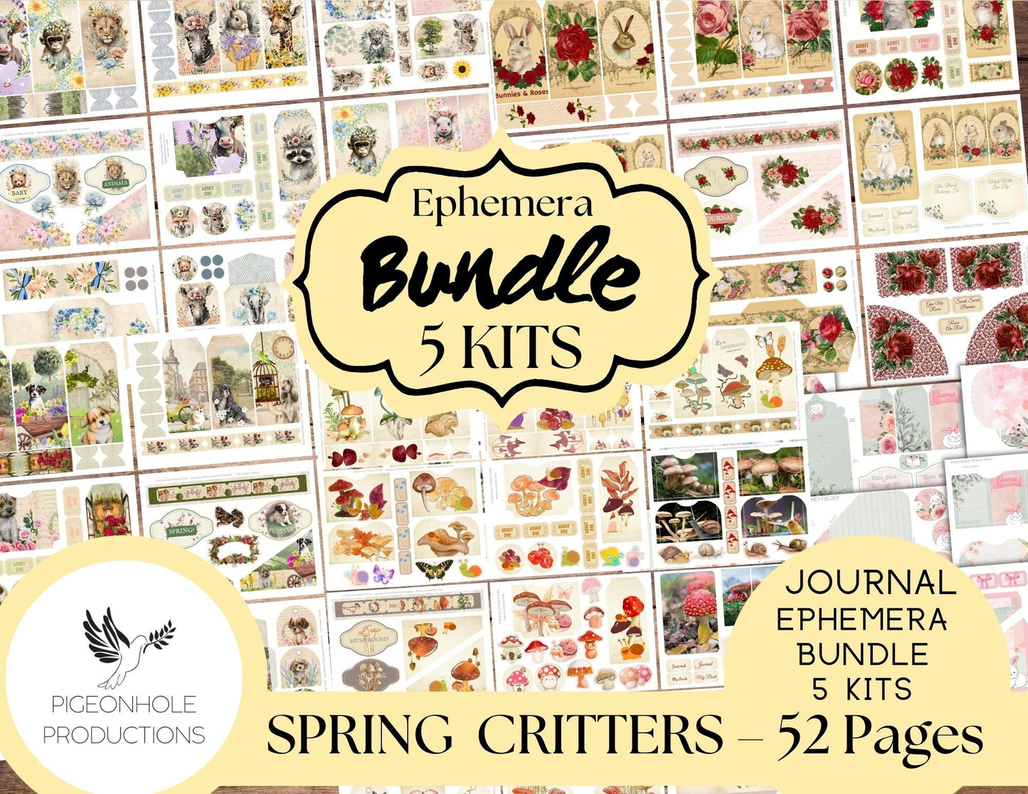 Spring Critters Junk Journal Ephemera BUNDLE, includes 5 kits of tags, tucks, pockets, labels, fussy cuts, envelopes, papers, more!