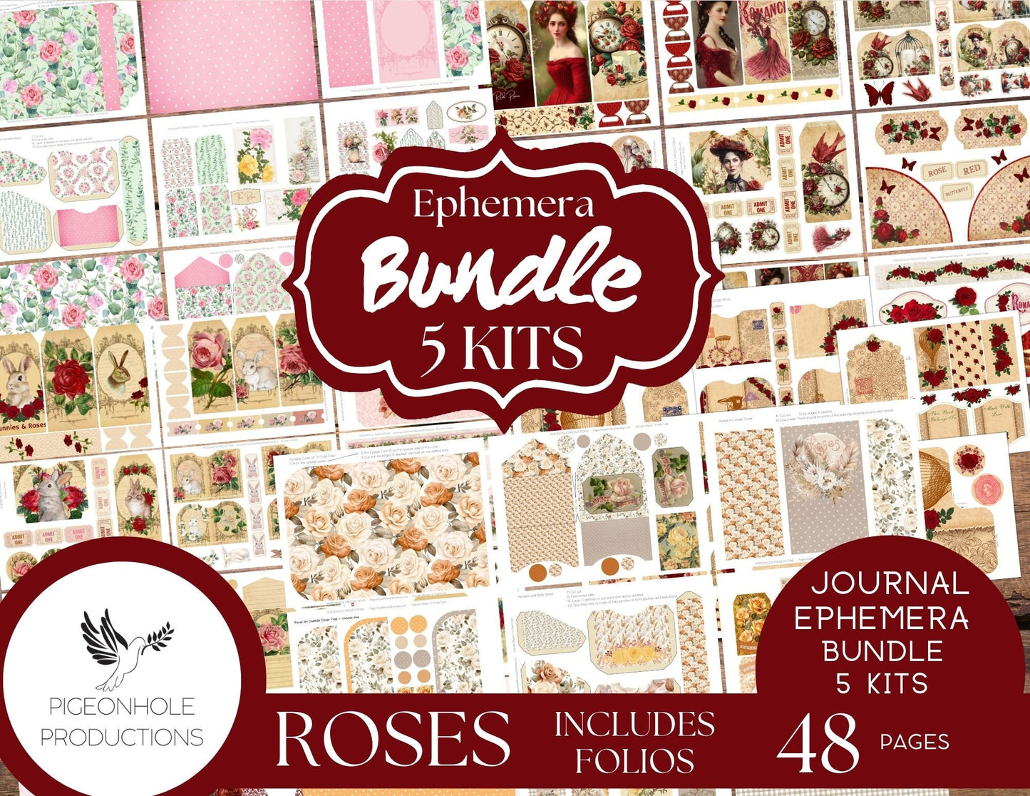 Roses Junk Journal Ephemera BUNDLE, includes 5 kits of tags, tucks, pockets, labels, fussy cuts, envelopes, papers, more!