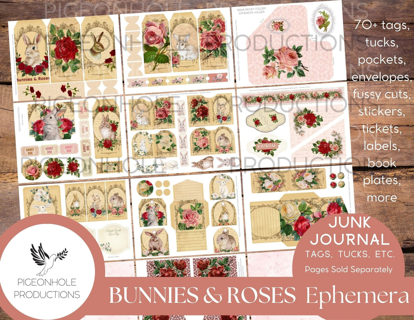 Roses Junk Journal Ephemera BUNDLE, includes 5 kits of tags, tucks, pockets, labels, fussy cuts, envelopes, papers, more!