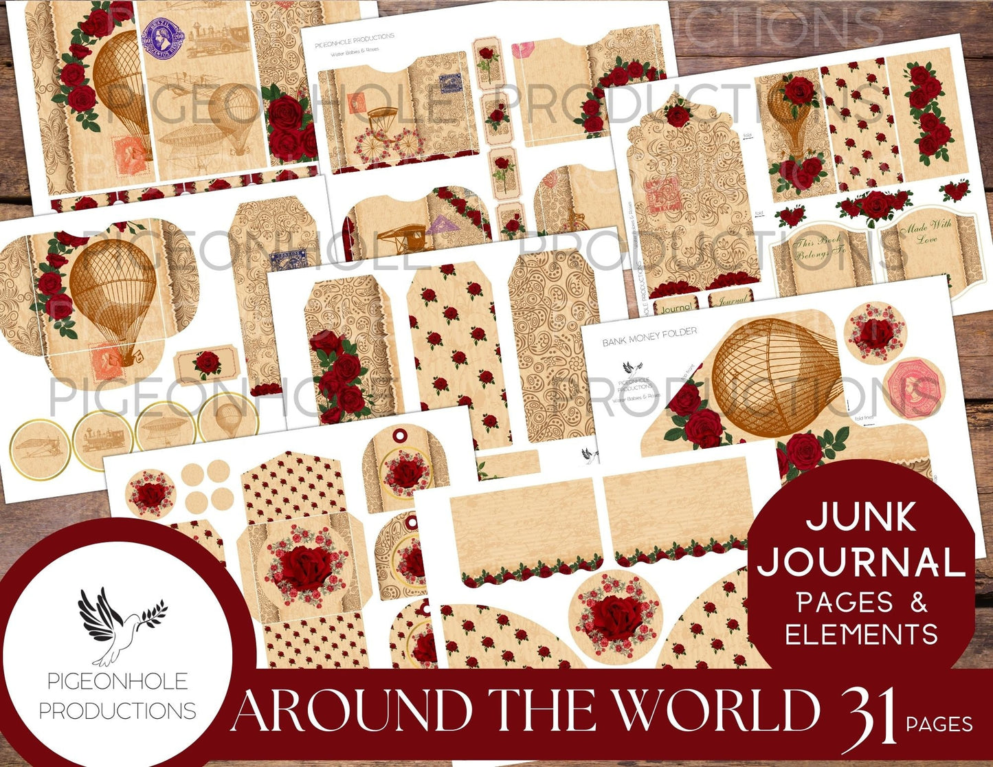 Roses Junk Journal Ephemera BUNDLE, includes 5 kits of tags, tucks, pockets, labels, fussy cuts, envelopes, papers, more!