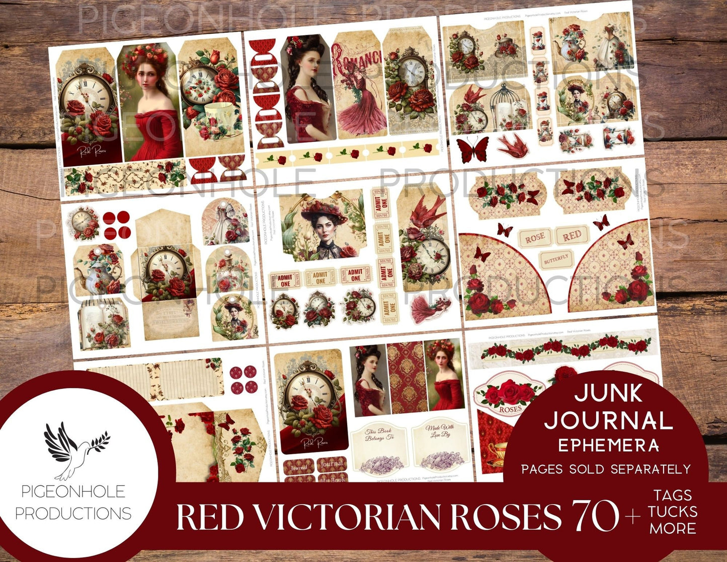 Roses Junk Journal Ephemera BUNDLE, includes 5 kits of tags, tucks, pockets, labels, fussy cuts, envelopes, papers, more!