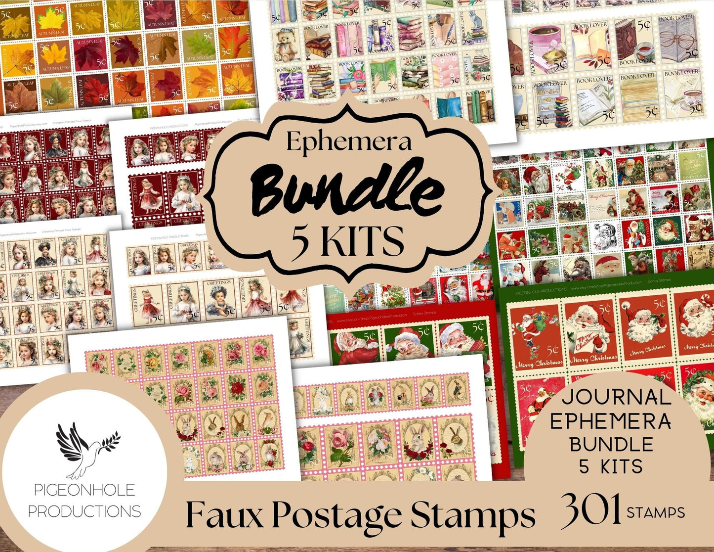 Faux Postage Stamps Ephemera BUNDLE, includes 5 kits include Autumn Fall, Christmas, Book Lover, Bunnies & Roses stamps for journals, crafts