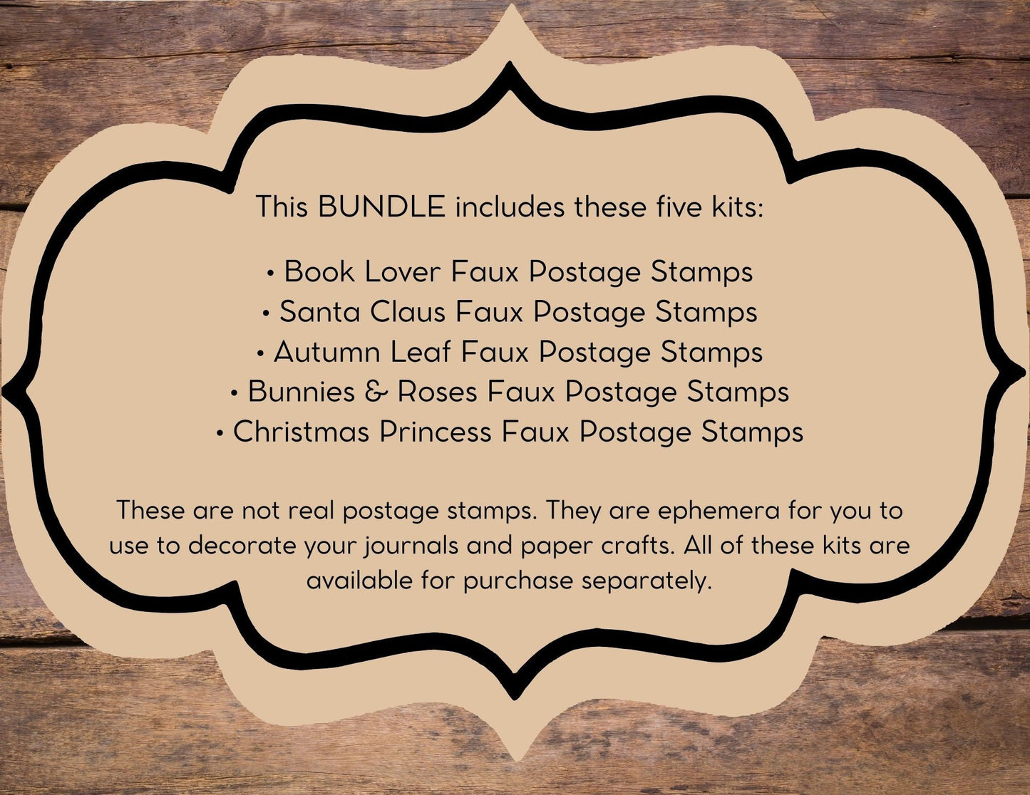 Faux Postage Stamps Ephemera BUNDLE, includes 5 kits include Autumn Fall, Christmas, Book Lover, Bunnies & Roses stamps for journals, crafts
