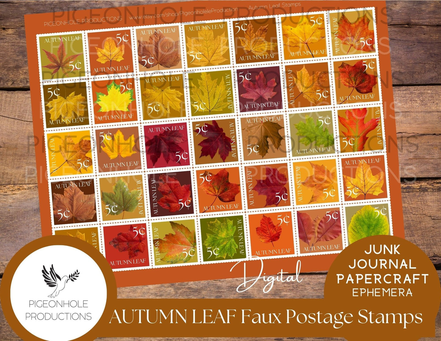 Faux Postage Stamps Ephemera BUNDLE, includes 5 kits include Autumn Fall, Christmas, Book Lover, Bunnies & Roses stamps for journals, crafts