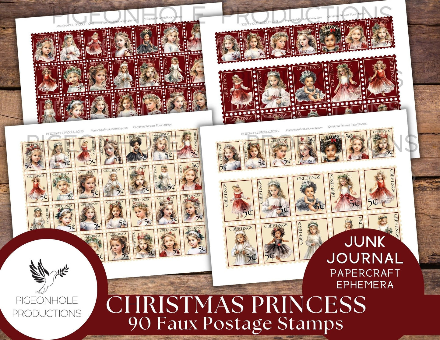 Faux Postage Stamps Ephemera BUNDLE, includes 5 kits include Autumn Fall, Christmas, Book Lover, Bunnies & Roses stamps for journals, crafts