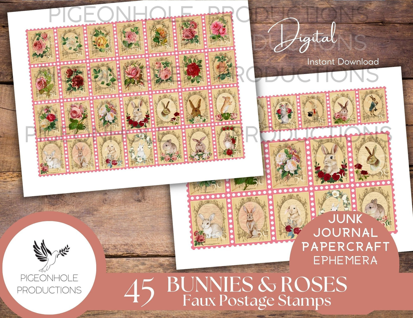 Faux Postage Stamps Ephemera BUNDLE, includes 5 kits include Autumn Fall, Christmas, Book Lover, Bunnies & Roses stamps for journals, crafts
