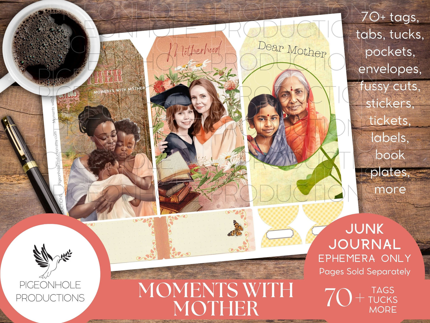Moments With Mother Junk Journal EPHEMERA, PRINTABLE, 70+ tags, tucks, pockets, envelopes, fussy cuts, stickers, tickets, labels, more!