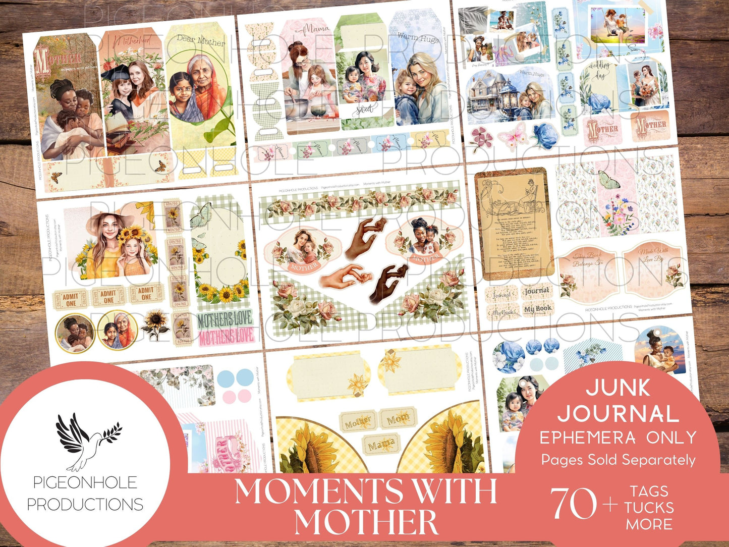 Moments With Mother Junk Journal EPHEMERA, PRINTABLE, 70+ tags, tucks, pockets, envelopes, fussy cuts, stickers, tickets, labels, more!