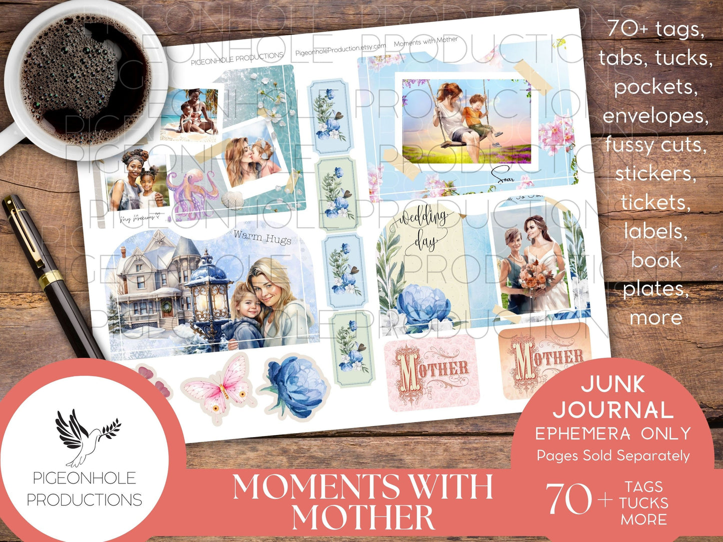 Moments With Mother Junk Journal EPHEMERA, PRINTABLE, 70+ tags, tucks, pockets, envelopes, fussy cuts, stickers, tickets, labels, more!