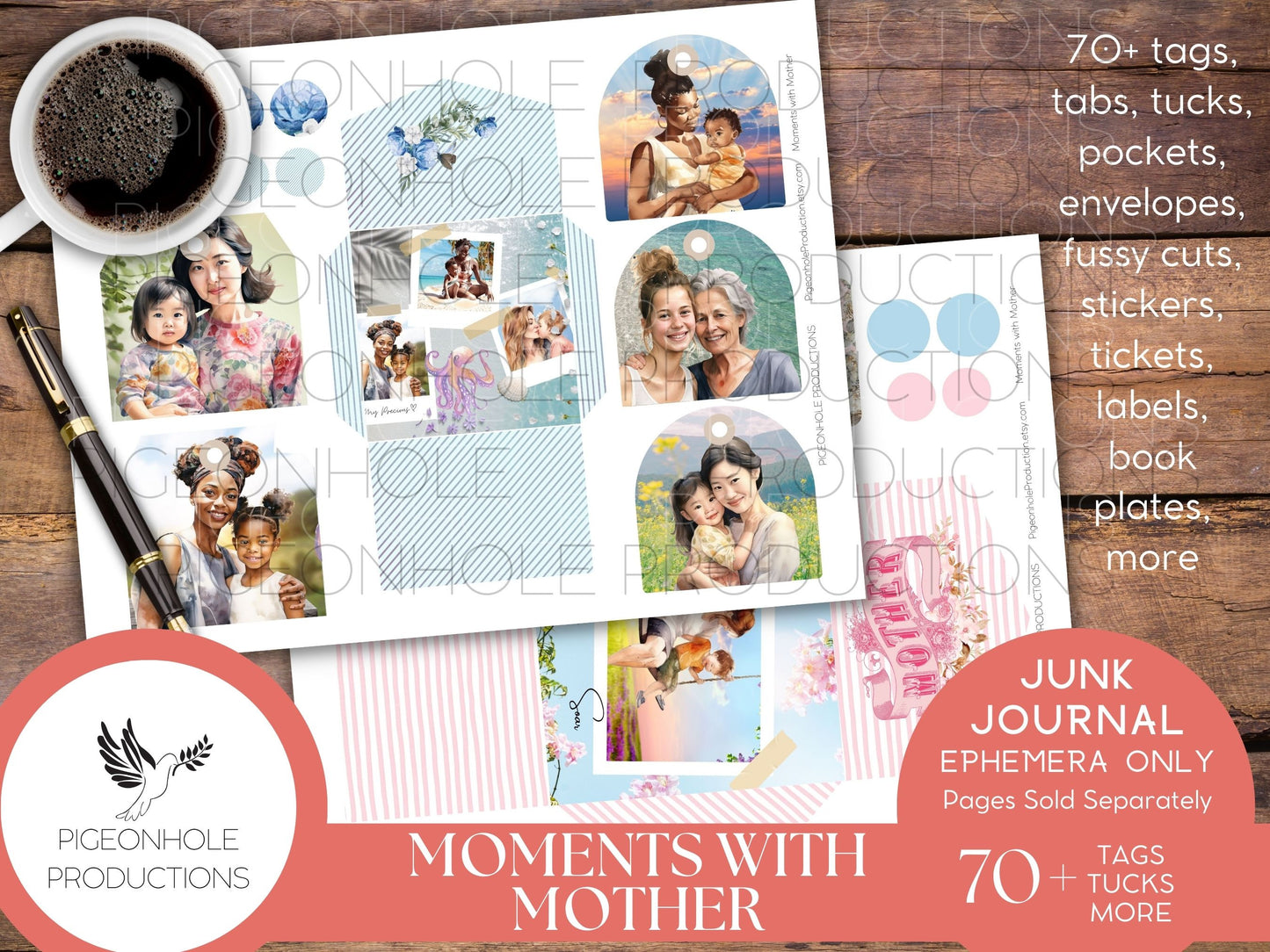 Moments With Mother Junk Journal EPHEMERA, PRINTABLE, 70+ tags, tucks, pockets, envelopes, fussy cuts, stickers, tickets, labels, more!
