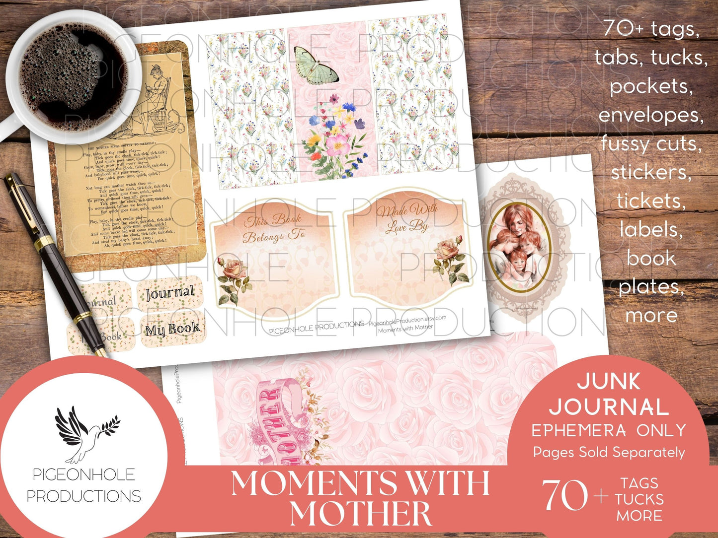 Moments With Mother Junk Journal EPHEMERA, PRINTABLE, 70+ tags, tucks, pockets, envelopes, fussy cuts, stickers, tickets, labels, more!