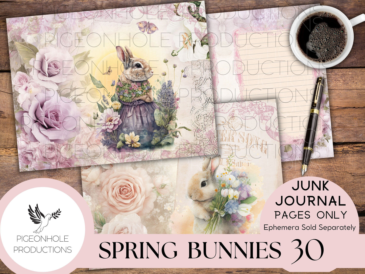 Spring Bunnies Junk Journal Pages, PRINTABLE, Easter, 30 collaged, lined, unlined journal pages for scrapbooking, card making, paper crafts