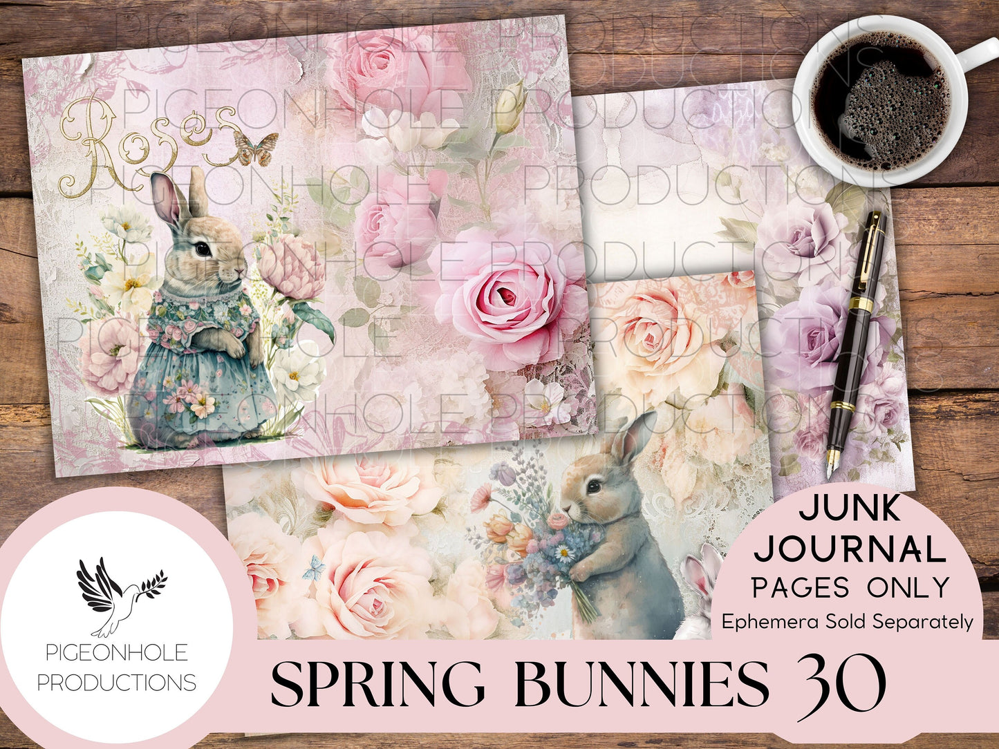 Spring Bunnies Junk Journal Pages, PRINTABLE, Easter, 30 collaged, lined, unlined journal pages for scrapbooking, card making, paper crafts