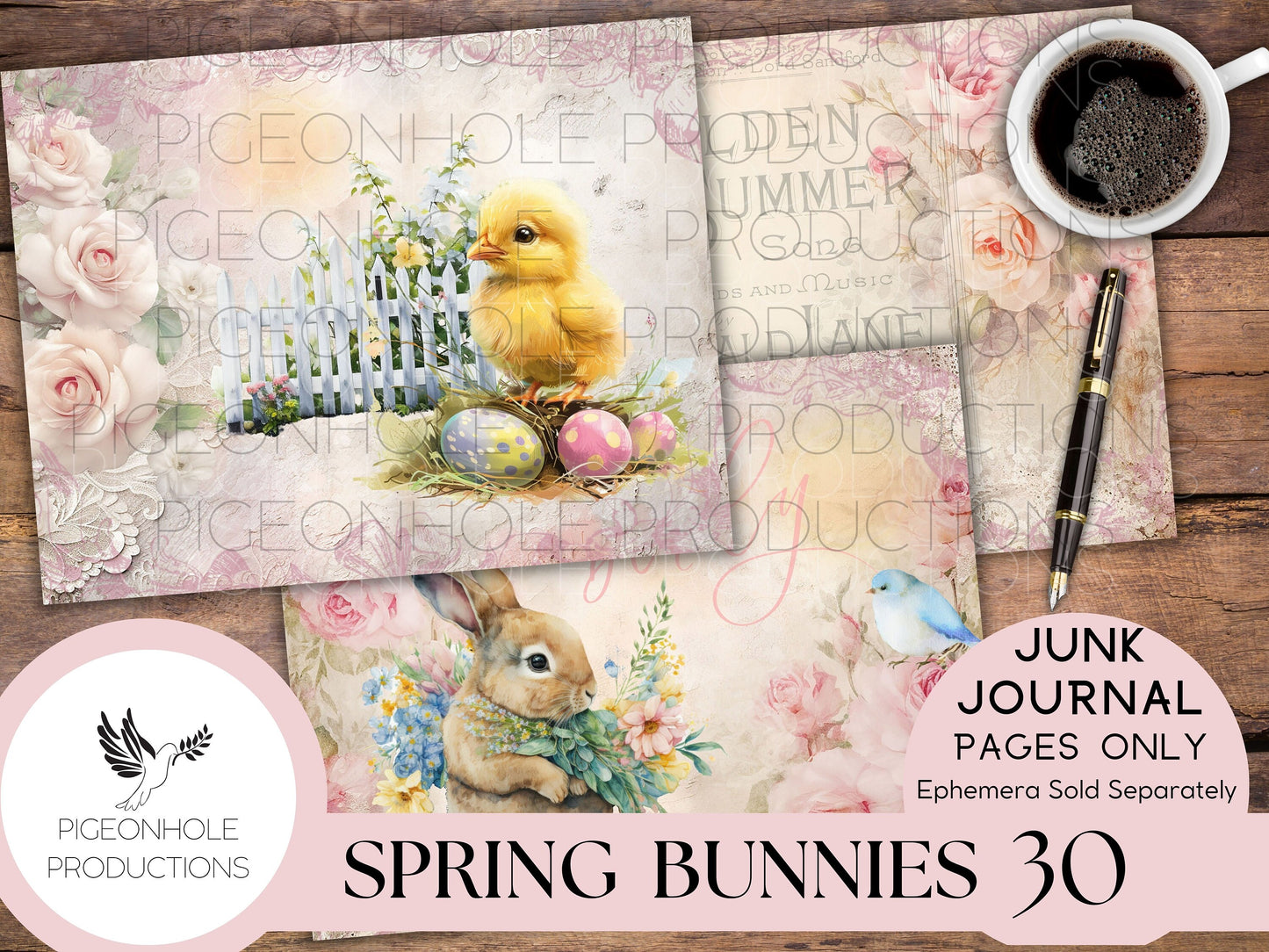 Spring Bunnies Junk Journal Pages, PRINTABLE, Easter, 30 collaged, lined, unlined journal pages for scrapbooking, card making, paper crafts