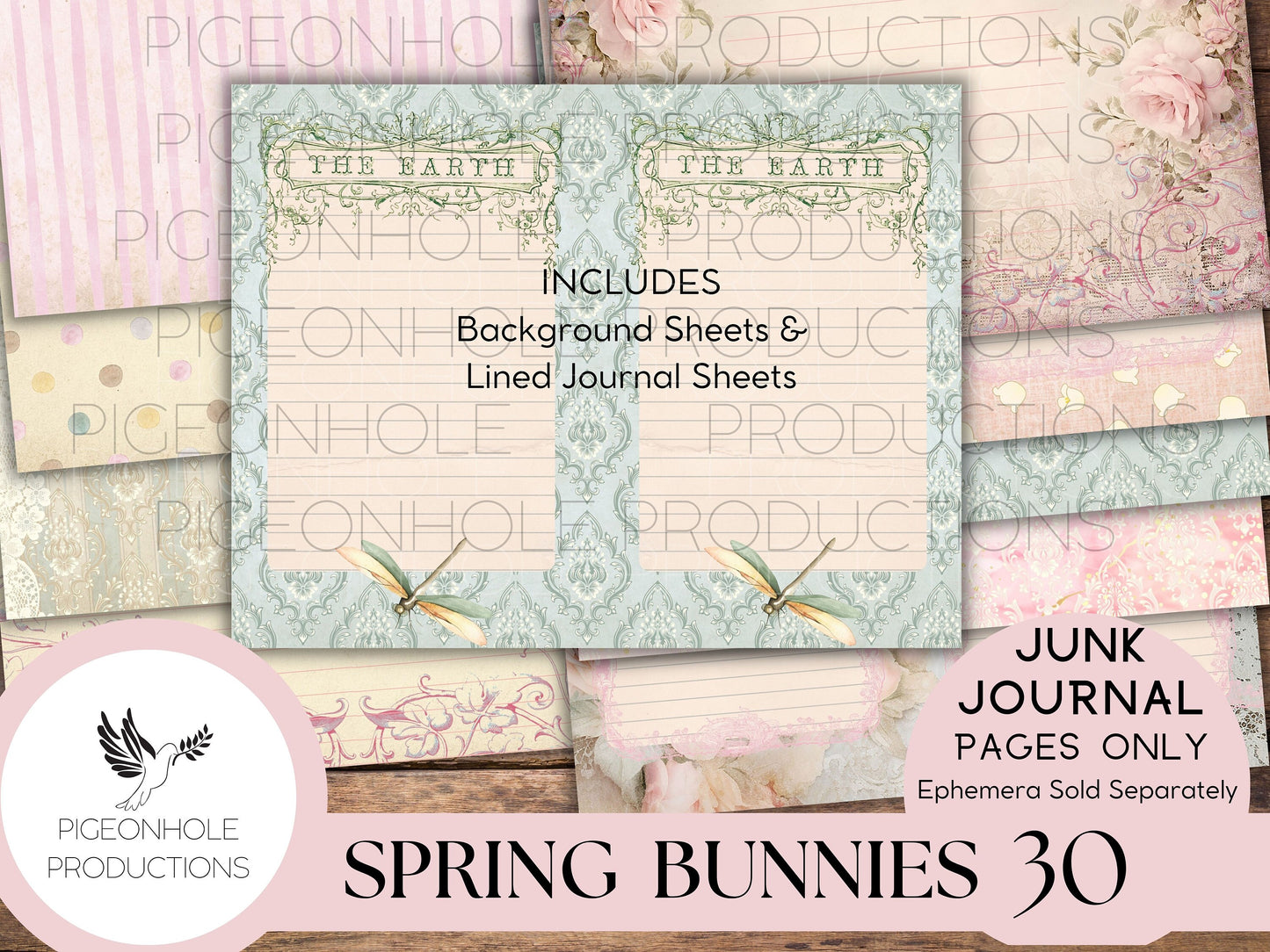 Spring Bunnies Junk Journal Pages, PRINTABLE, Easter, 30 collaged, lined, unlined journal pages for scrapbooking, card making, paper crafts