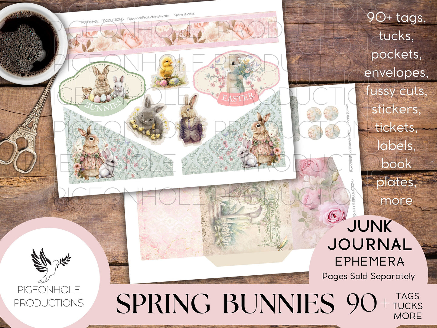 Spring Bunnies Junk Journal EPHEMERA, PRINTABLE, Easter, 90+ tags, pockets, envelopes, fussy cuts, stickers, tickets, labels, bookplates