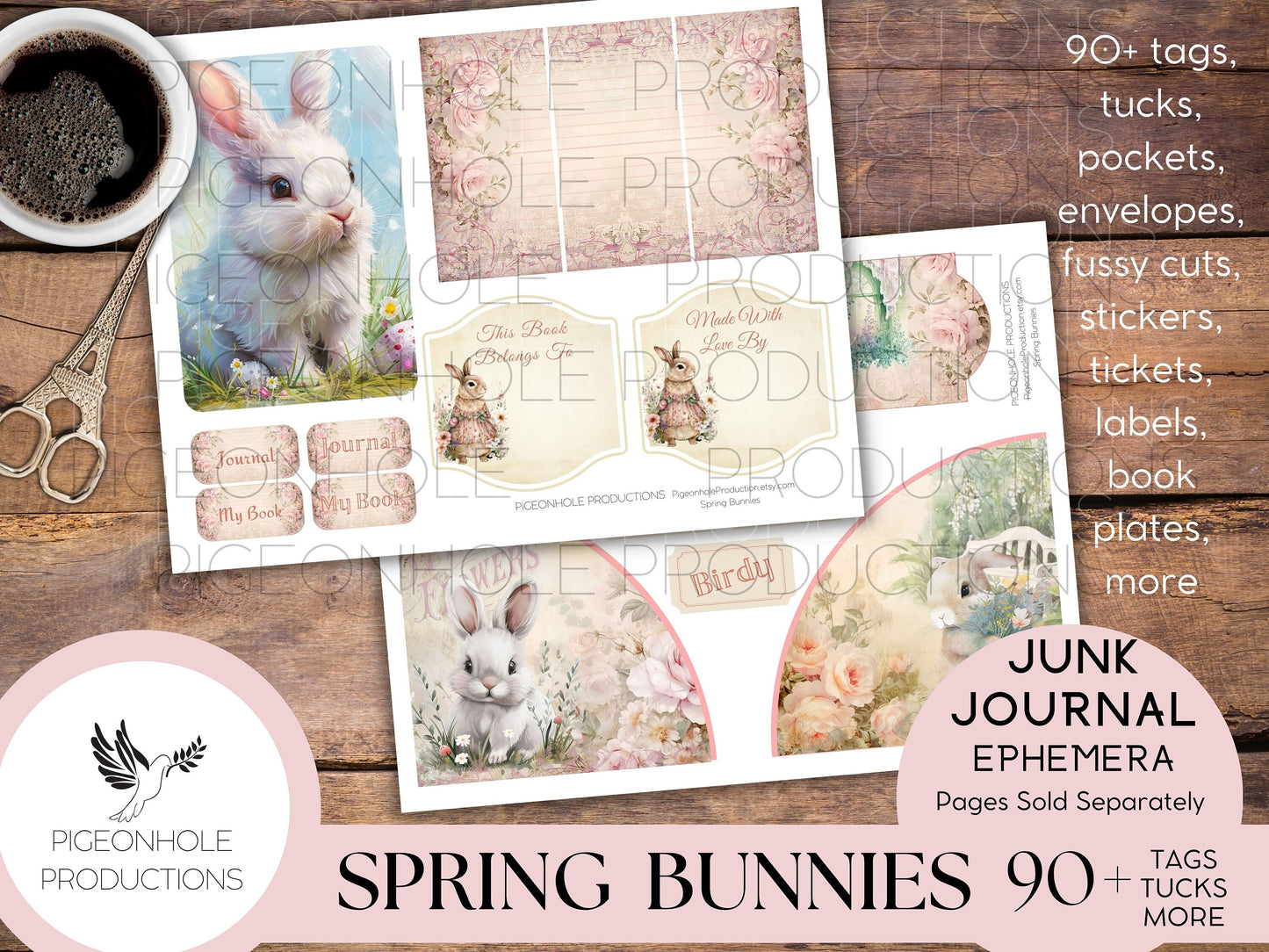 Spring Bunnies Junk Journal EPHEMERA, PRINTABLE, Easter, 90+ tags, pockets, envelopes, fussy cuts, stickers, tickets, labels, bookplates
