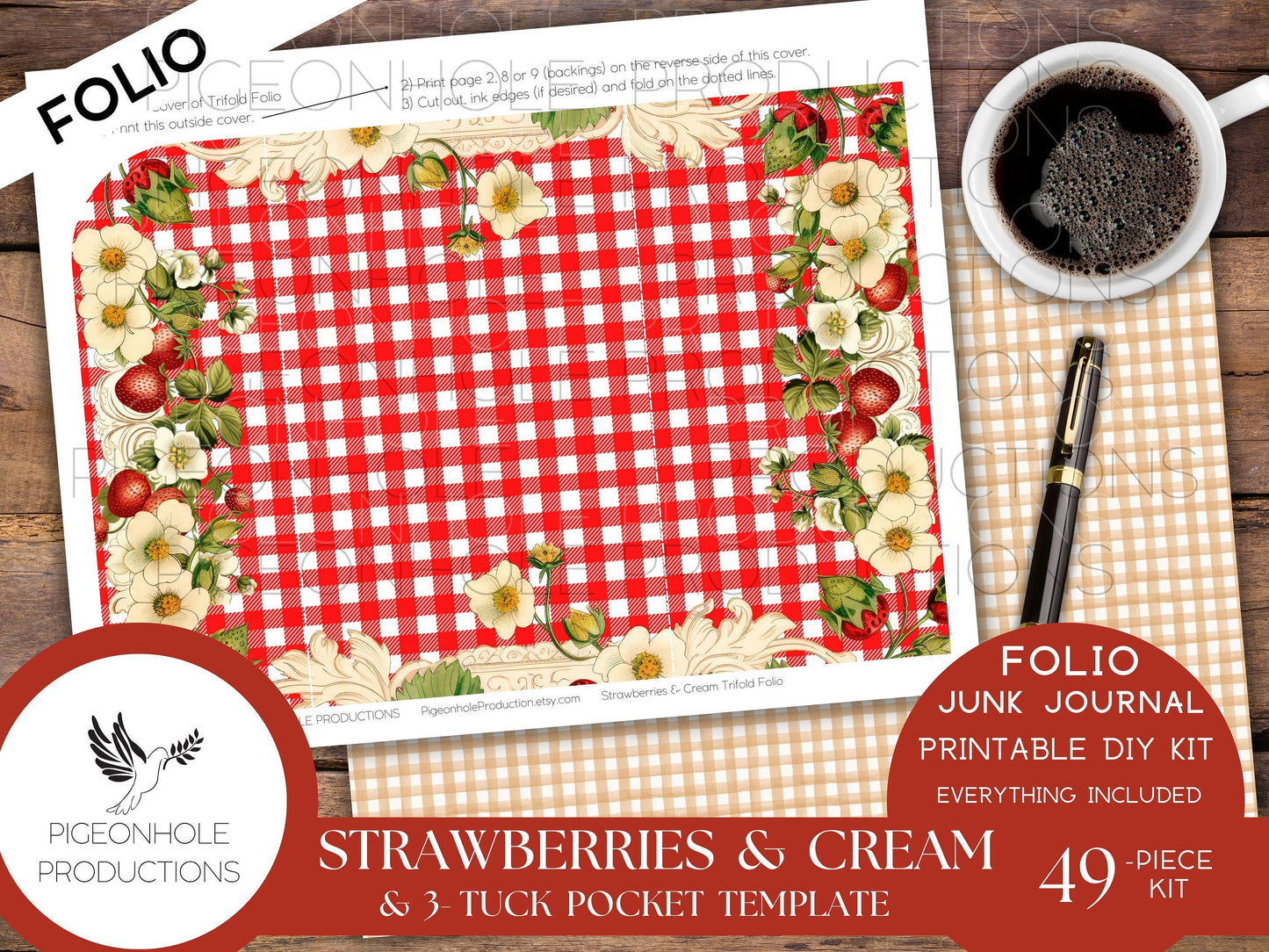 Strawberries & Cream Junk Journal Tri-Fold EPHEMERA FOLIO, PRINTABLE, 46 pieces, instructions/inspo, Bonus 3-Tuck Accordion Pocket Template