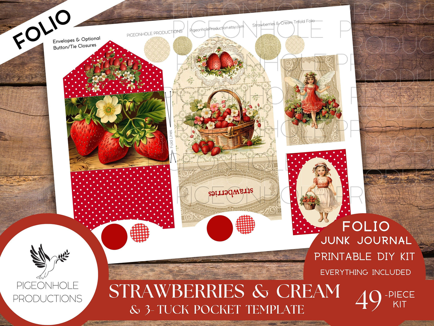 Strawberries & Cream Junk Journal Tri-Fold EPHEMERA FOLIO, PRINTABLE, 46 pieces, instructions/inspo, Bonus 3-Tuck Accordion Pocket Template