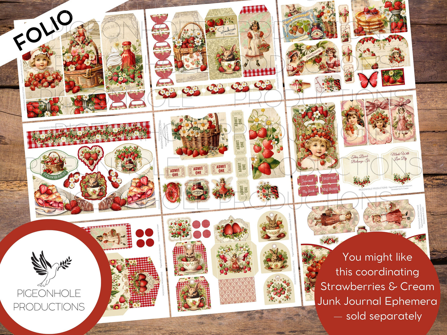 Strawberries & Cream Junk Journal Tri-Fold EPHEMERA FOLIO, PRINTABLE, 46 pieces, instructions/inspo, Bonus 3-Tuck Accordion Pocket Template