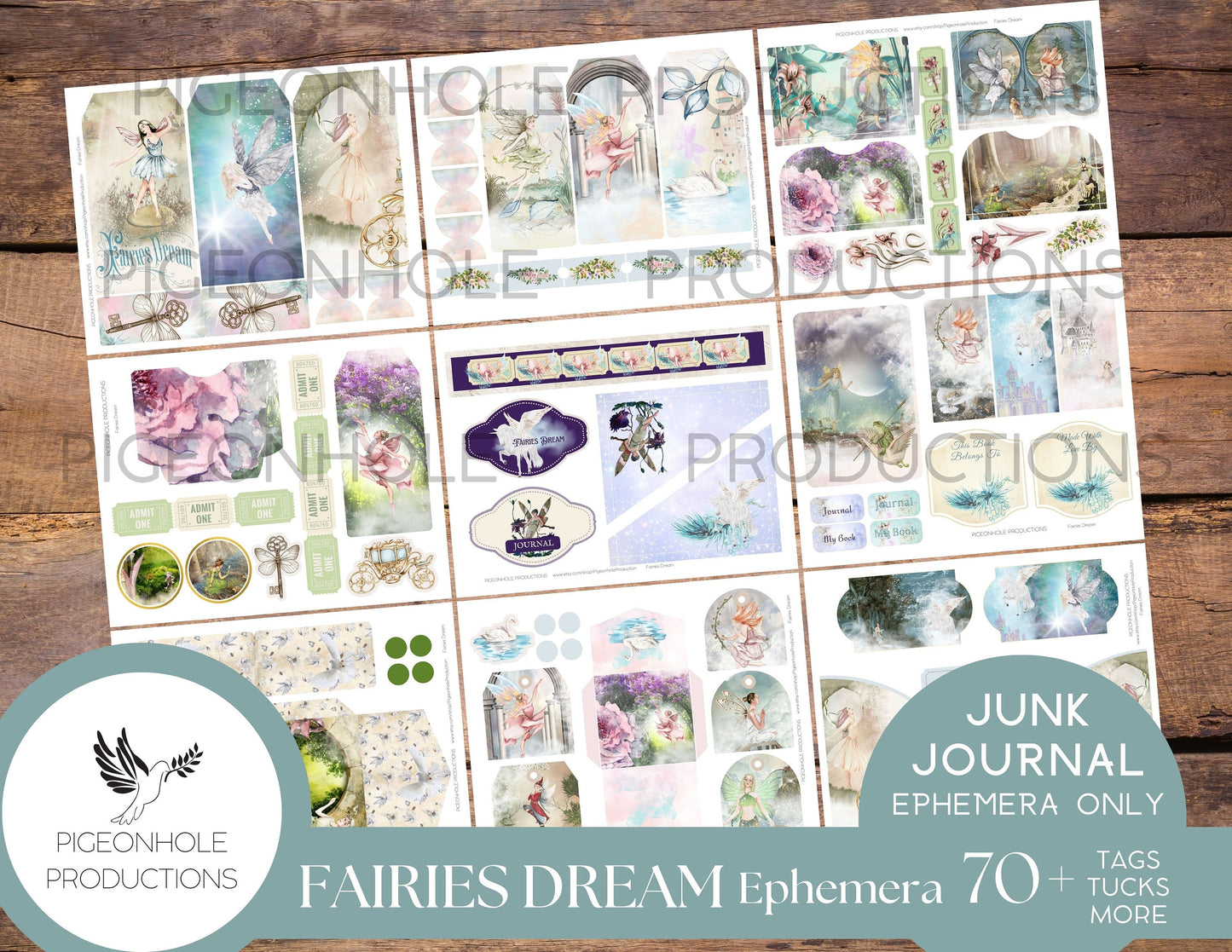 Magical Fairies Junk Journal Ephemera BUNDLE, includes 5 kits of tags, tucks, pockets, labels, fussy cuts, envelopes, papers, more!