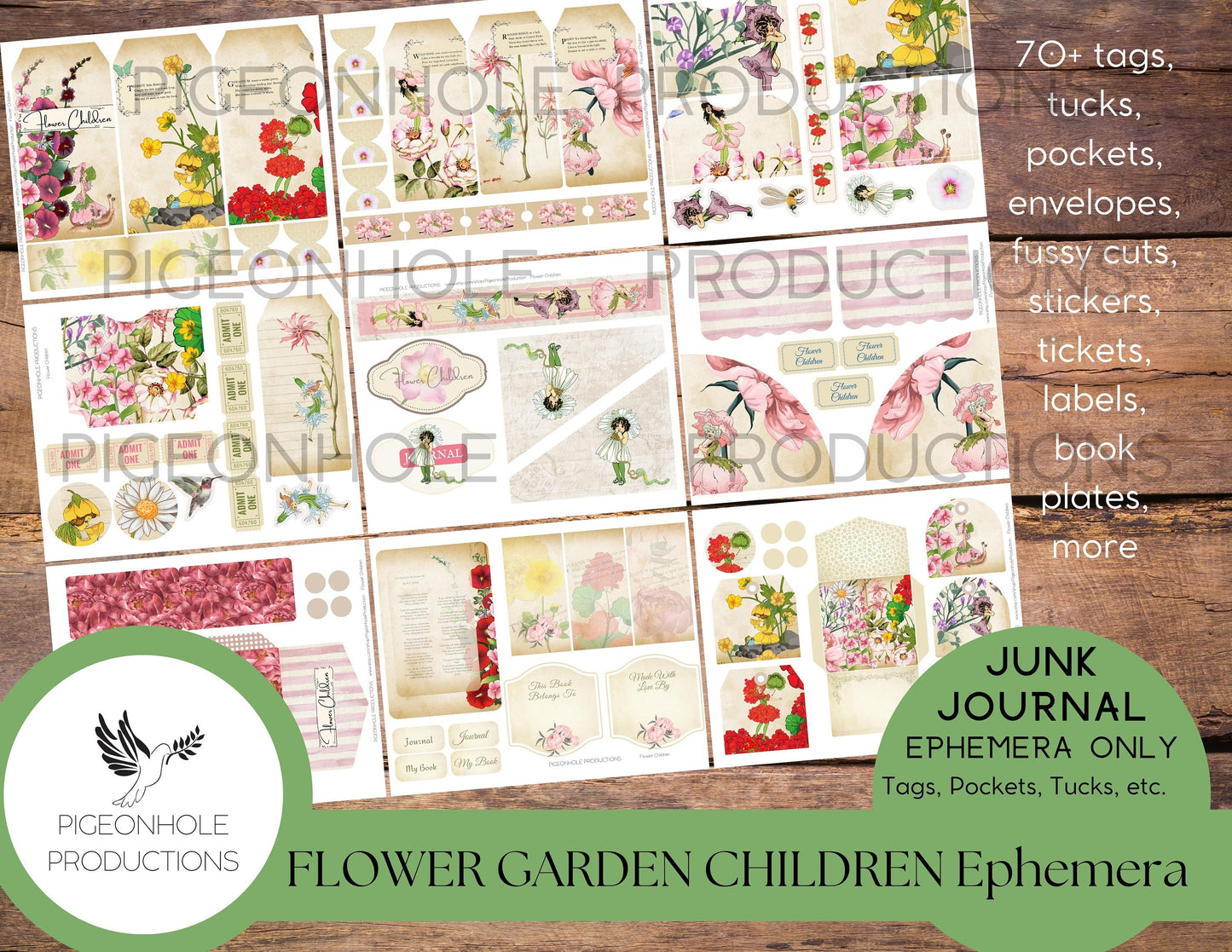 Magical Fairies Junk Journal Ephemera BUNDLE, includes 5 kits of tags, tucks, pockets, labels, fussy cuts, envelopes, papers, more!