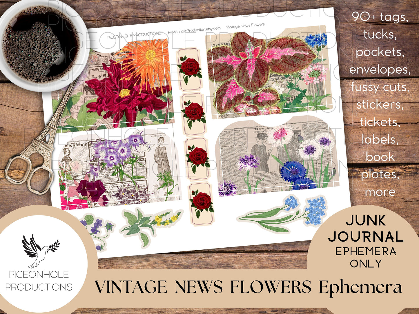 Vintage News Flowers Junk Journal EPHEMERA, PRINTABLE, 90+ tags, pockets, envelopes, fussy cuts, stickers, tickets, labels, bookplates, more
