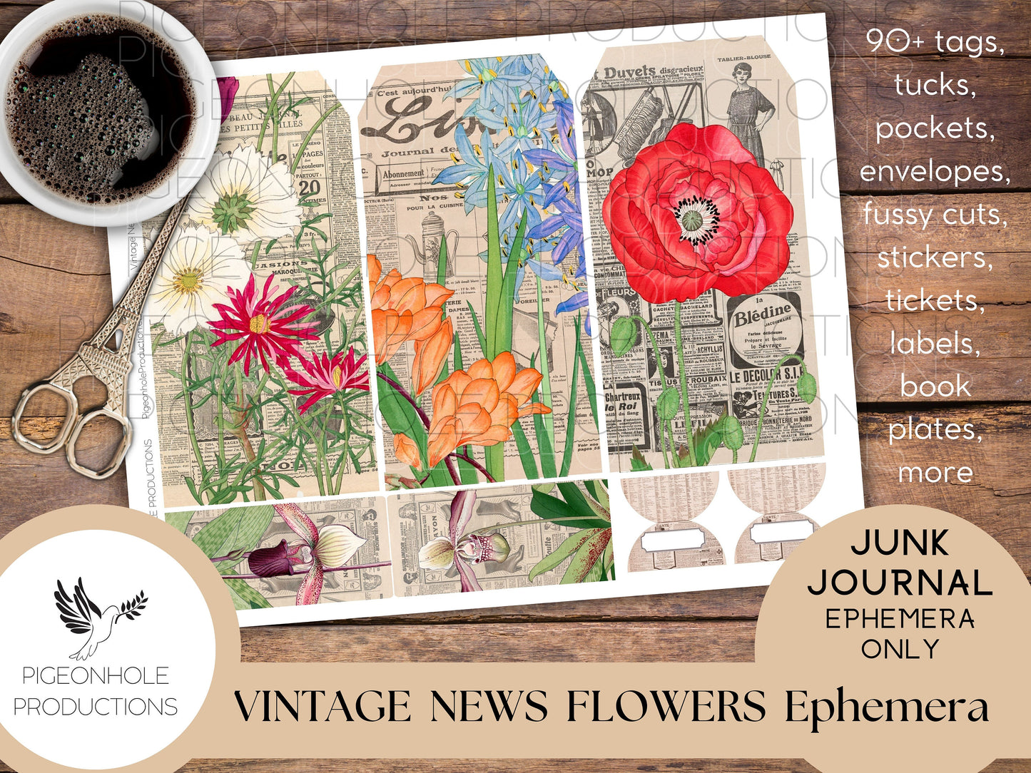 Vintage News Flowers Junk Journal EPHEMERA, PRINTABLE, 90+ tags, pockets, envelopes, fussy cuts, stickers, tickets, labels, bookplates, more