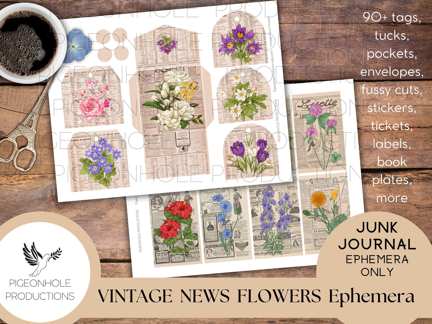 Vintage News Flowers Junk Journal EPHEMERA, PRINTABLE, 90+ tags, pockets, envelopes, fussy cuts, stickers, tickets, labels, bookplates, more