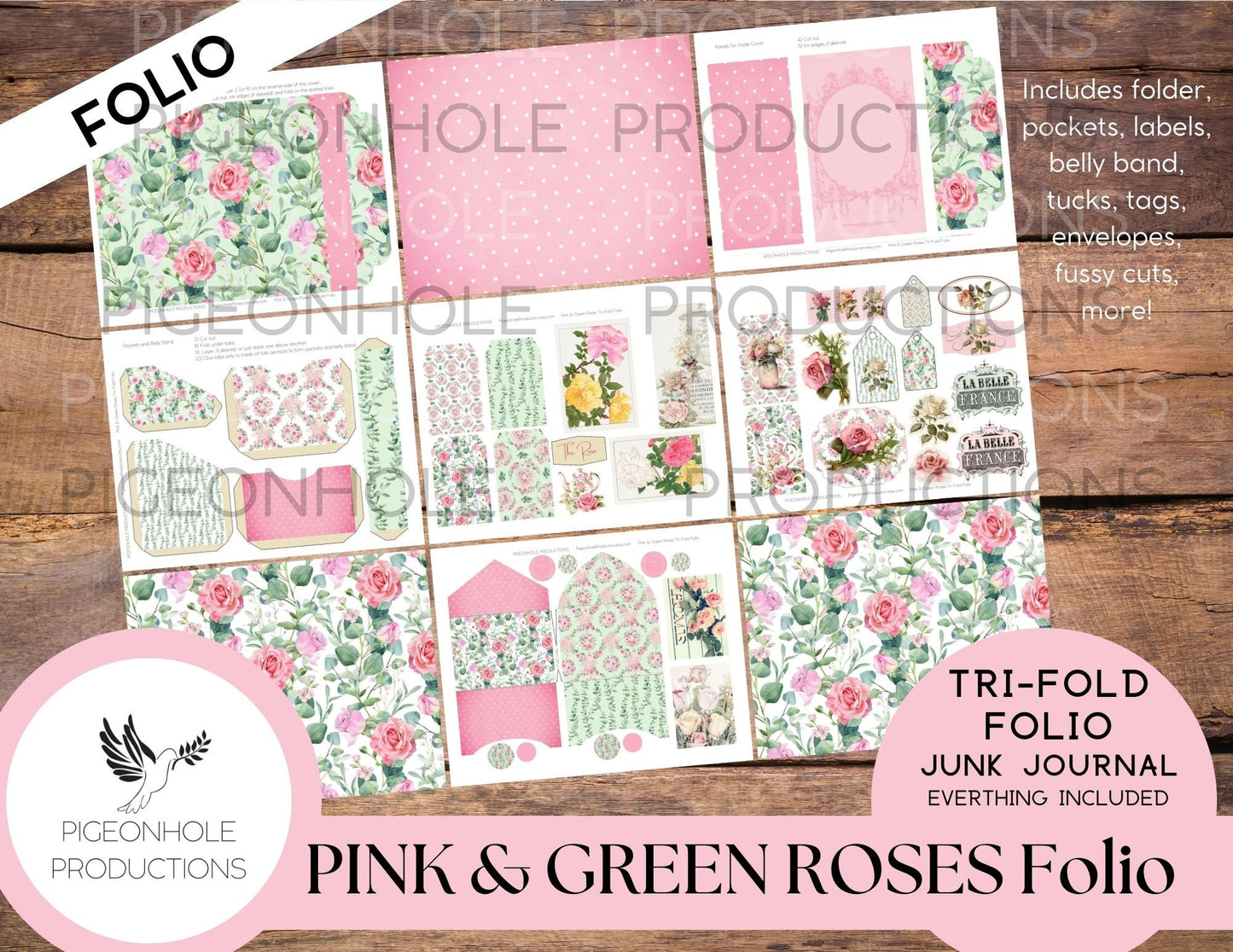 Roses Junk Journal Ephemera BUNDLE, includes 5 kits of tags, tucks, pockets, labels, fussy cuts, envelopes, papers, more!