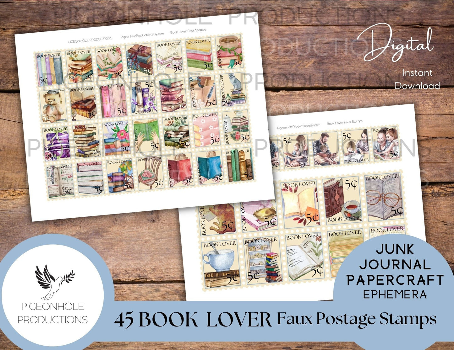 Faux Postage Stamps Ephemera BUNDLE, includes 5 kits include Autumn Fall, Christmas, Book Lover, Bunnies & Roses stamps for journals, crafts